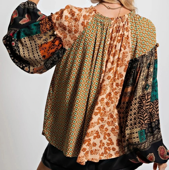 New! Easel Mimi Vintage Boho Printed Challis Blouse - Picture 3 of 5